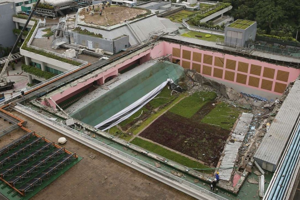 The collapsed roof on City University’s Kowloon Tong campus. Photo: Sam Tsang