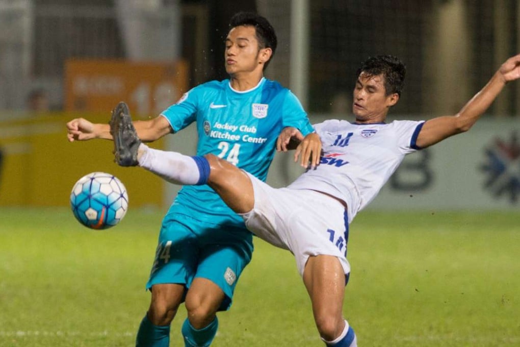 Kitchee’s Ngan Cheuk-pan tries to block Bengaluru’s Eugeneson Lyngdoh in their AFC Cup last-16 tie at Mong Kok Stadium. Bengaluru beat Kitchee 3-2. Photo: HKFA