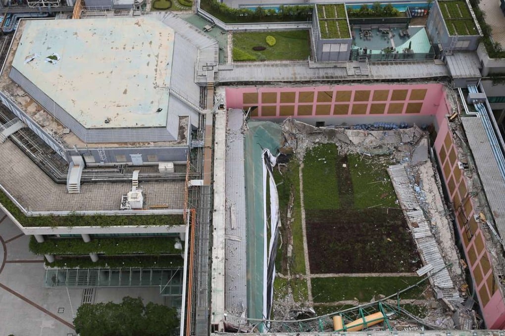 The collapsed roof at the Hu Fa Kuang sports centre at City University’s Kowloon Tong campus. Photo: Sam Tsang