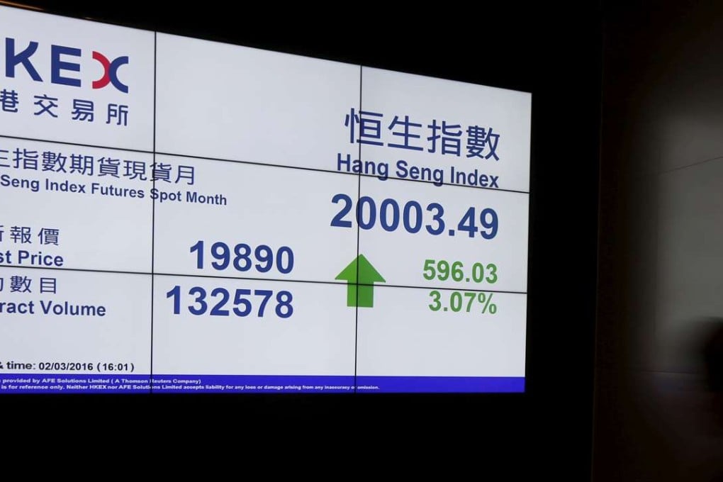 A panel displays the closing Hang Seng Index inside the Hong Kong Exchanges, on the day the stock exchange operator announces their annual results in Hong Kong, China March 2, 2016. REUTERS/Bobby Yip/File Photo GLOBAL BUSINESS WEEK AHEAD PACKAGE - SEARCH 'BUSINESS WEEK AHEAD MAY 9' FOR ALL IMAGES