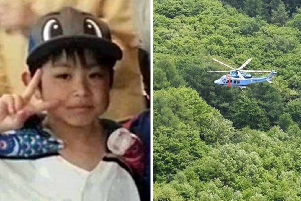 Yamato Tanooka, aged seven, went missing in the Hokkaido wilderness after being ordered out of his parents' car for being naughty. At right, a search and rescue helicopter scours the area for the boy on Monday. Photos: Handout and Kyodo