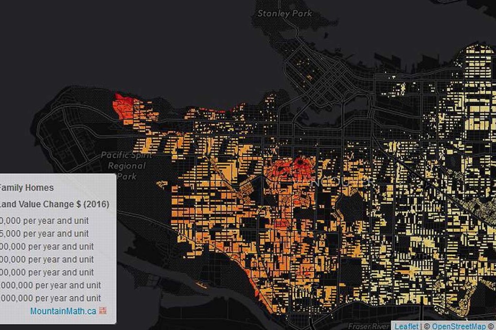 This map created by Dr Jens von Bergmann of MountainMath Software depicts yearly land value gains across Vancouver, averaged over the last 10 years, for individual single family homes. Areas with single-home land value rises of C$2million or more per year are shown in the deepest shade of red. Photo: MountainMath Software