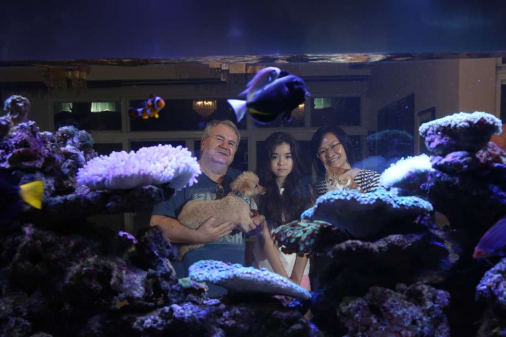 Davor Palla, his daughter Alissa and wife Stephanie Hui view an aquarium at their Tuen Mun home. Photo: Sam Tsang