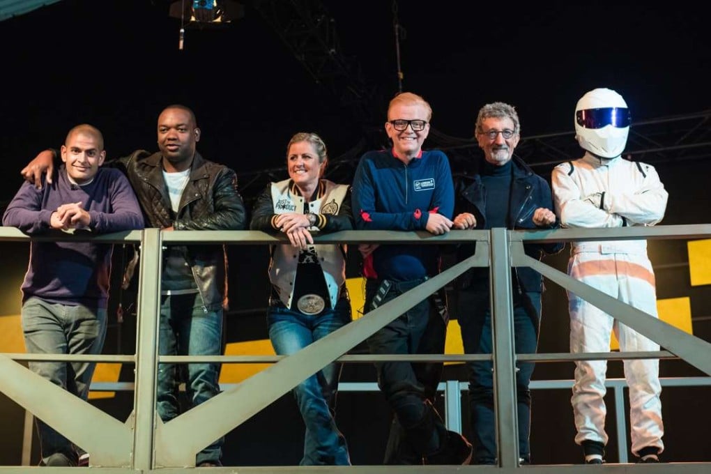 The new cast of Top Gear (from left): Chris Harris, Rory Reid, Sabine Schmitz, Chris Evans, Eddie Jordan and the Stig.