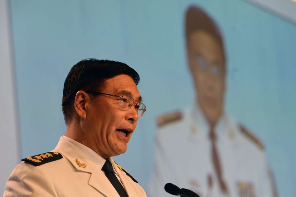 Chinese Admiral Sun Jianguo addresses the Shangri-La Dialogue in Singapore. Photo: AFP