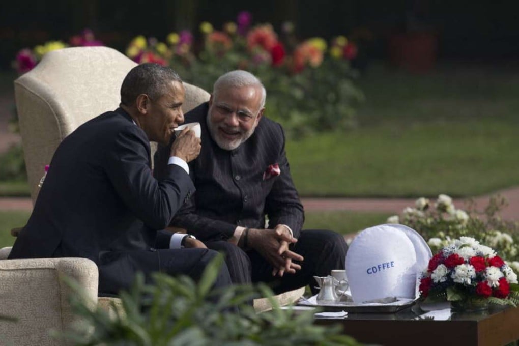US President Barack Obama (left) and India’s Prime Minister Narendra Modi in the gardens of the Hyderabad House in New Delhi on January 25, 2015. Photo: AP