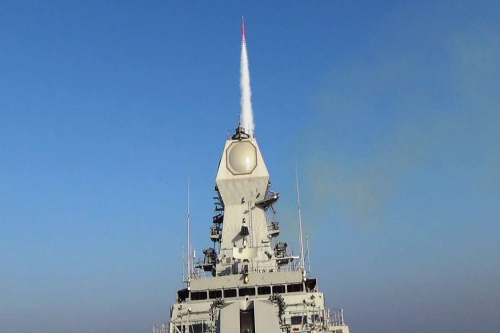 An Indian Navy Barak-8 Long-Range Surface-to-Air missile (LR-SAM), taking off from INS Kolkota, Indian Navy’s indigenous stealth destroyer in Arabian Sea. Photo: EPA