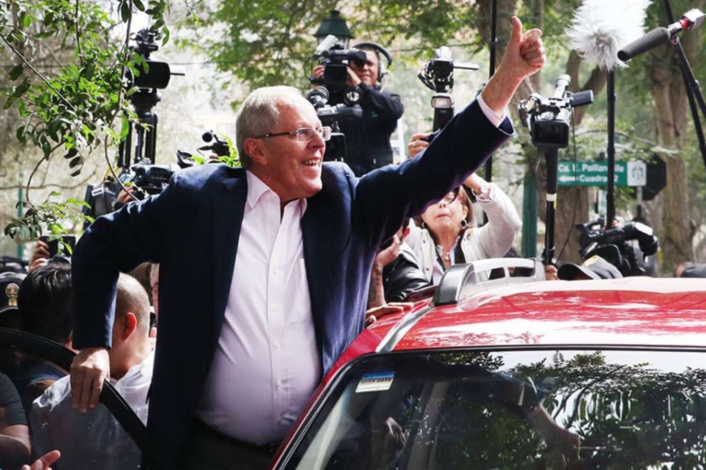 Pedro Pablo Kuczynski, greeting supporters after casting his vote in Peru’s presidential elections in Lima on Sunday. Photo: Xinhua