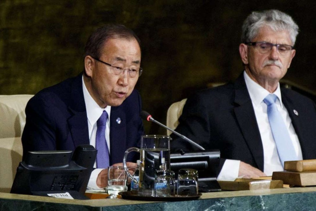 UN Secretary-General Ban Ki-moon (left) speaks as Mogens Lykketoft (right), president of the UN General Assembly, listens at the start of a UN conference on HIV/Aids in New York, on Wednesday. Photo: EPA