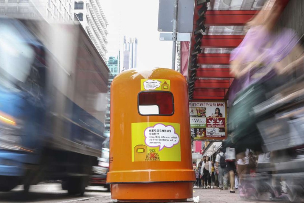 The newly designed rubbish bin featuring smaller openings and larger warning notices. Photo: Sam Tsang