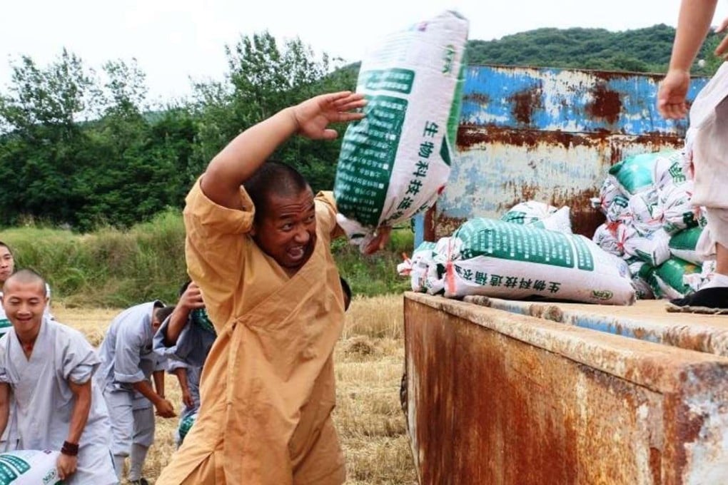Monks harvest wheat at Shaolin Temple in Henan province. Photo: China News
