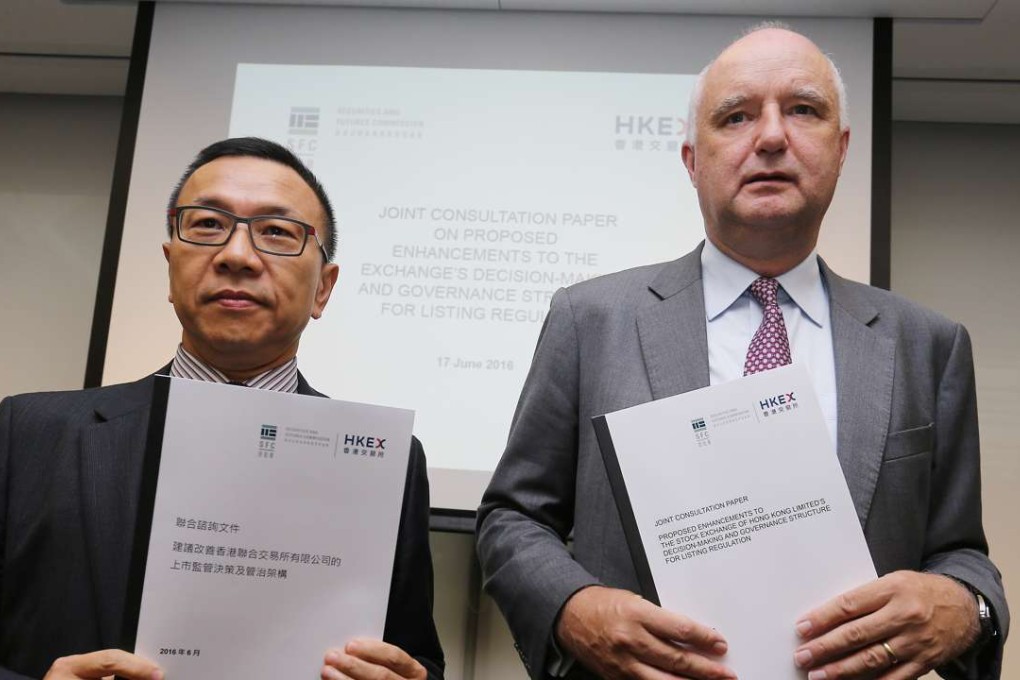 Brian Ho (left), SFC executive director, and David Graham, chief regulatory officer at HKEX, reveal their plans to improve new listing procedures on Friday. Dickson Lee, SCMP