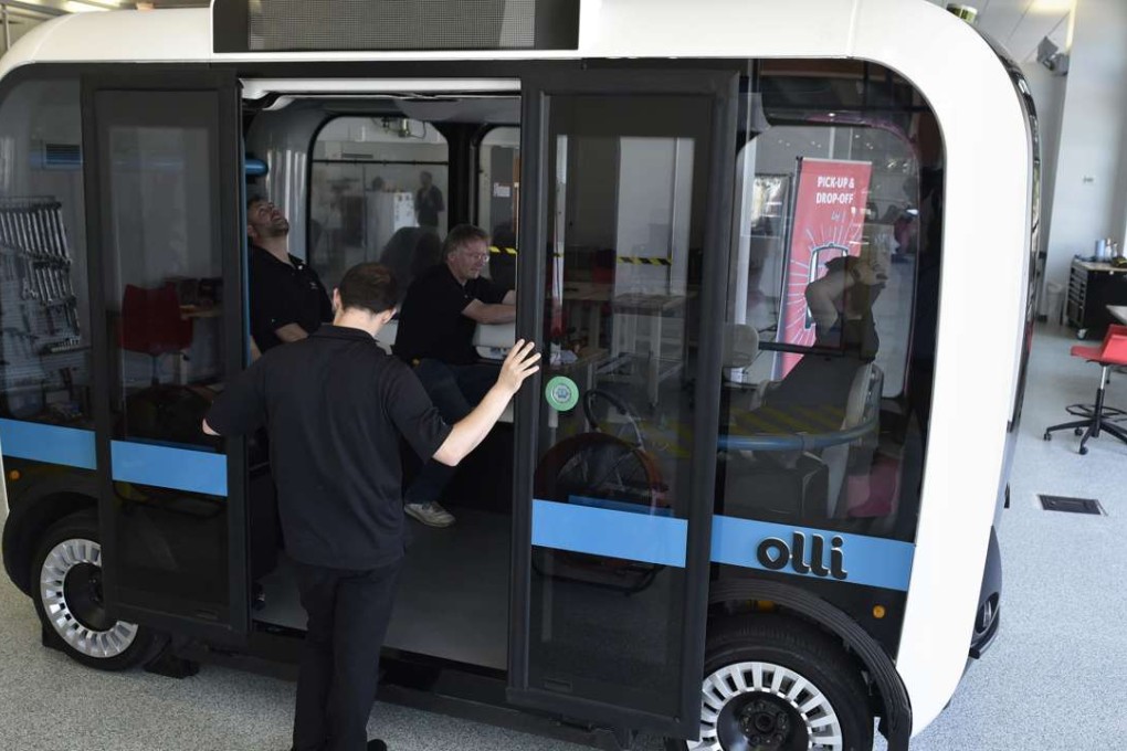"Olli" an autonomous shuttle is seen at the Local Motors facility at the National Harbor in Maryland Thursday. Photo: AFP