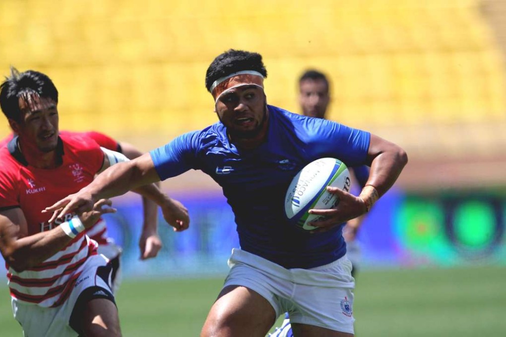 Hong Kong’s Salom Yiu Kam-shing (left) chases Belgium Tuatagaloa of Samoa during the Olympic repêchage sevens qualifier quarter-finals in Monaco on Sunday. Photos: World Rugby