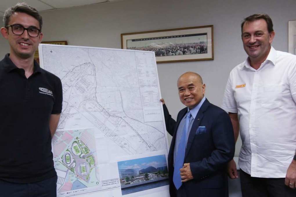 Race track designers Dafydd Broom (left), Simon Gardini (right) and HKAA chief Lawrence Yu Kam-kee (centre). Photo: Nora Tam