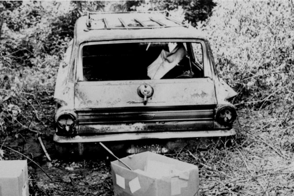 The burned station wagon of three missing civil rights workers Michael Schwerner, Andrew Goodman, and James Chaney. Photo: AP