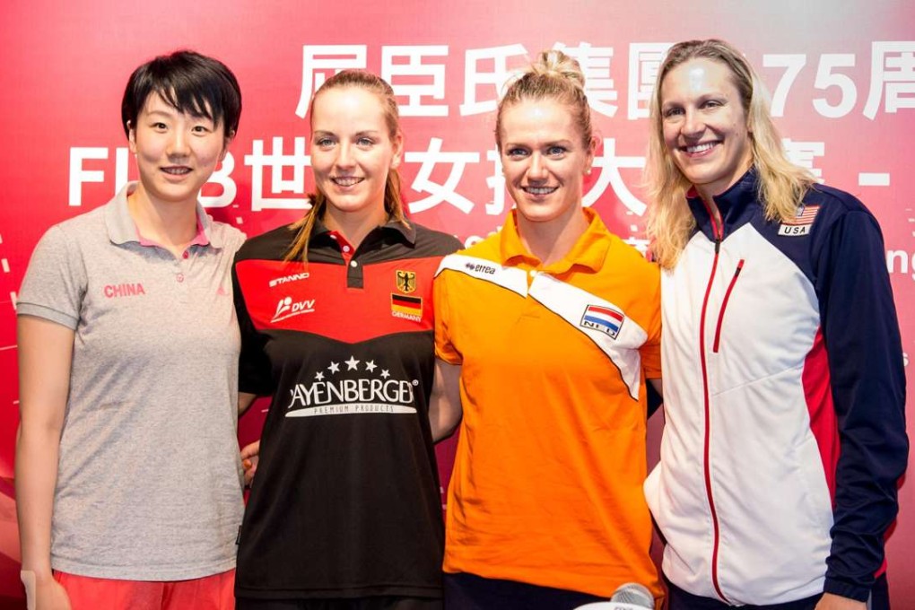 China's Shen Jingsi, Germany's Denise Hanke, the Netherlands' Maret Balkestein-Grothues and the United States' Christa Harmotto Dietzen pose for a photo during the press conference for the Hong Kong leg of the FIVB World Grand Prix. Photo: SCMP Pictures