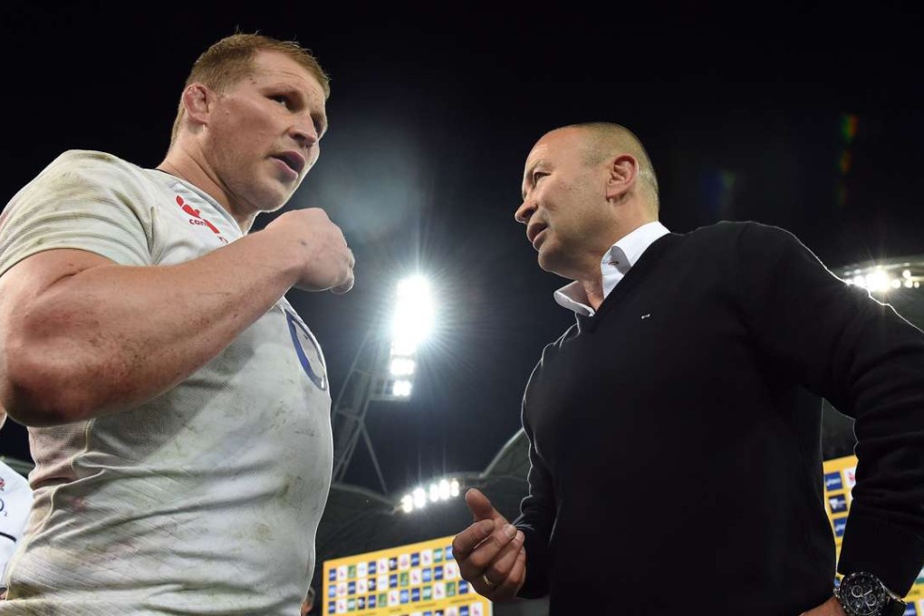 England head coach Eddie Jones talks to Dylan Hartley at the end of the second test against Australia in Melbourne. Photos: AFP