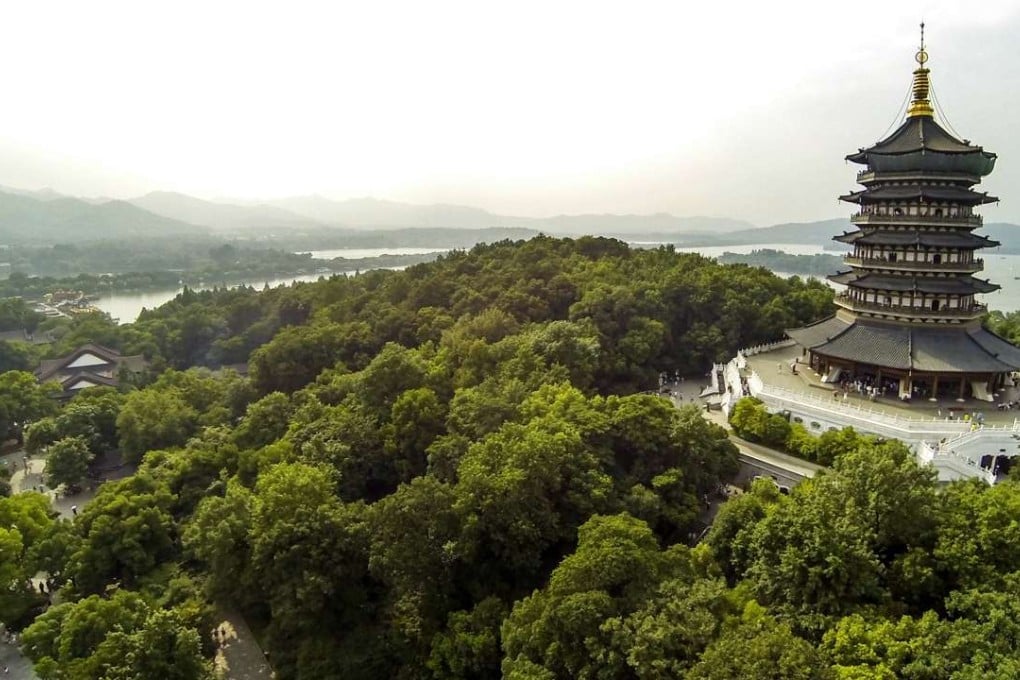 A aerial shot of the Leifeng Pagoda at the scenic West Lake in Hangzhou, capital of eastern Zhejiang province. Photo: Xinhua