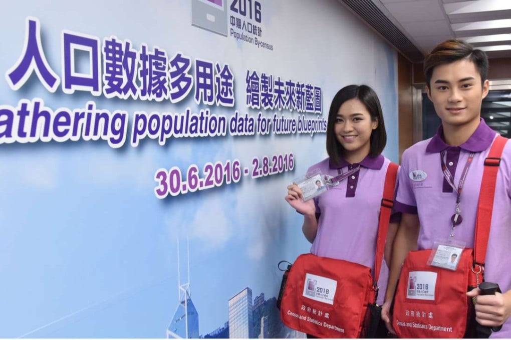 Two census workers display the uniforms they will be wearing. Photo: SCMP Pictures