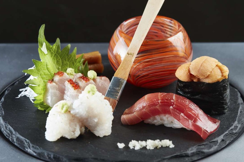 Soya-pickled chu toro, Hokkaido uni sushi, grilled hamo, torched kimetai and soya-pickled gobo at La Bombance, V Point, Causeway Bay.