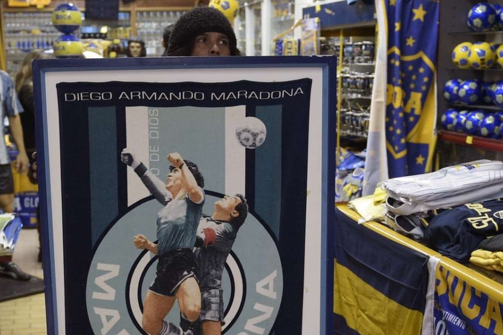 The infamous ‘Hand of God’ clash is depicted on a souvenir towel on sale in a Buenos Aires sports shop on the 30th anniversary of the incident. Photo: AFP