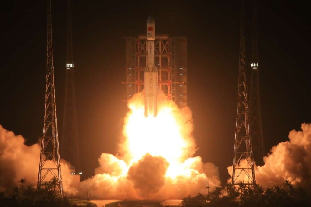 The Long March-7 carrier rocket lifts off on its maiden space voyage on Saturday night in the first lift-off from Wenchang Satellite Launch Centre in Hainan Province. Photo: Xinhua