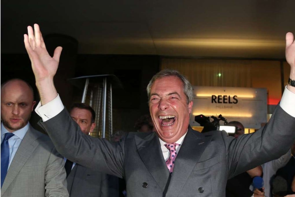 Leader of the pro-Brexit United Kingdom Independence Party Nigel Farage reacts to the results at Millbank Tower in central London early on Friday. Photo: AFP