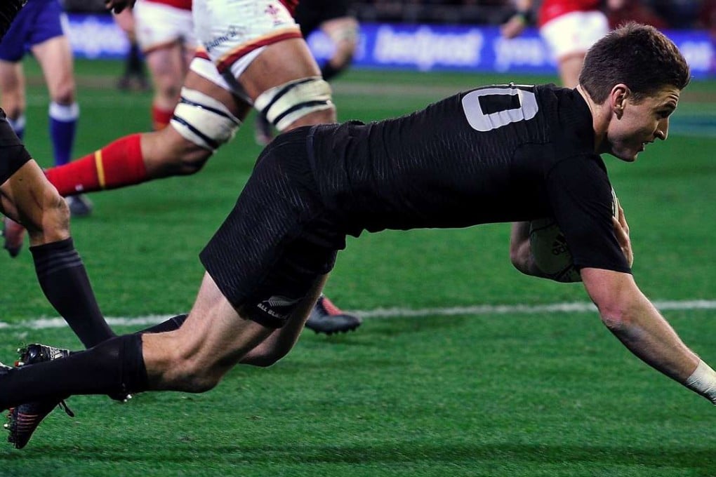 Beauden Barrett scores a try for the All Blacks in the third test against Wales at Forsyth Barr Stadium in Dunedin. The All Blacks won 46-6. Photos: AFP