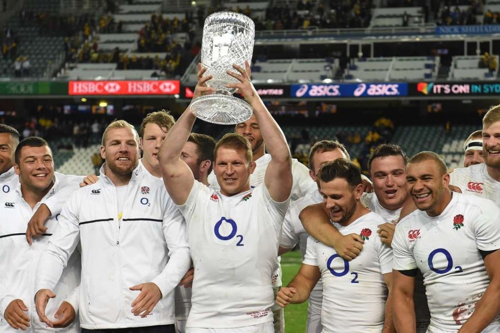 England captain Dylan Hartley and teammates celebrate winning the series 3-0 over Australia after a 44-40 victory in the third test in Sydney. Photo: AFP