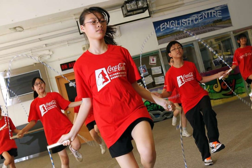 Students at CCC Mong Man Wai College in Kwun Tong, Kowloon, join a citywide skipping programme to get youngsters to exercise. Photo: K.Y. Cheng