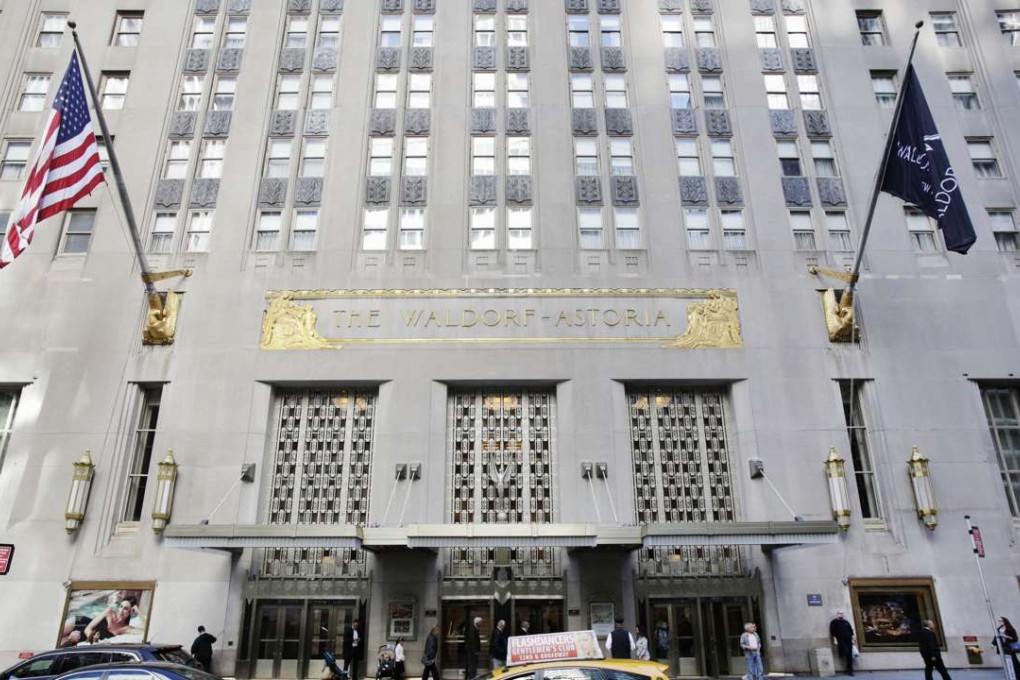 The front of the Waldorf Astoria hotel in New York. Chin’s Anbang Insurance bought the historic site for US$1.95 billion in 2014, a record price for a US hotel. Photo: Mark Lennihan, AP