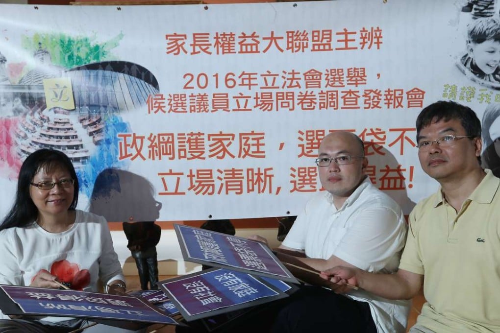Roger Wong (far right) with Kitty Tsang, chairwoman of Parents for the Family Association, and Simon Fung, convenor of Net Generation Orientation. Photo: Edward Wong