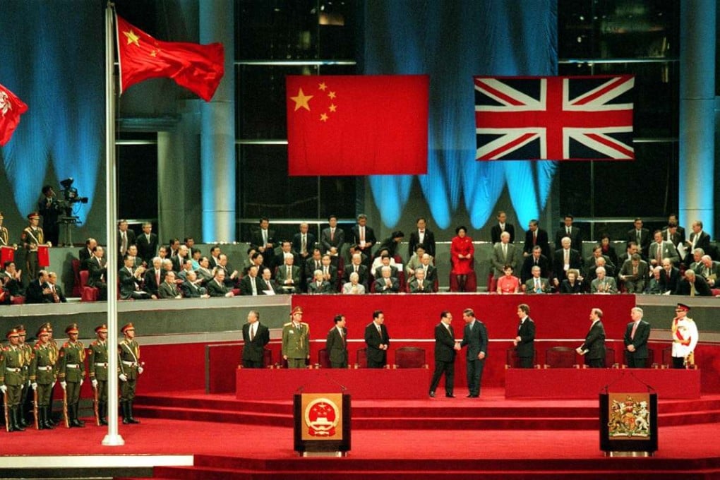 Jiang Zemin and Charles, Prince of Wales during the handover ceremony at the Hong Kong Convention and Exhibition Centre, at midnight of 30 June 1997.