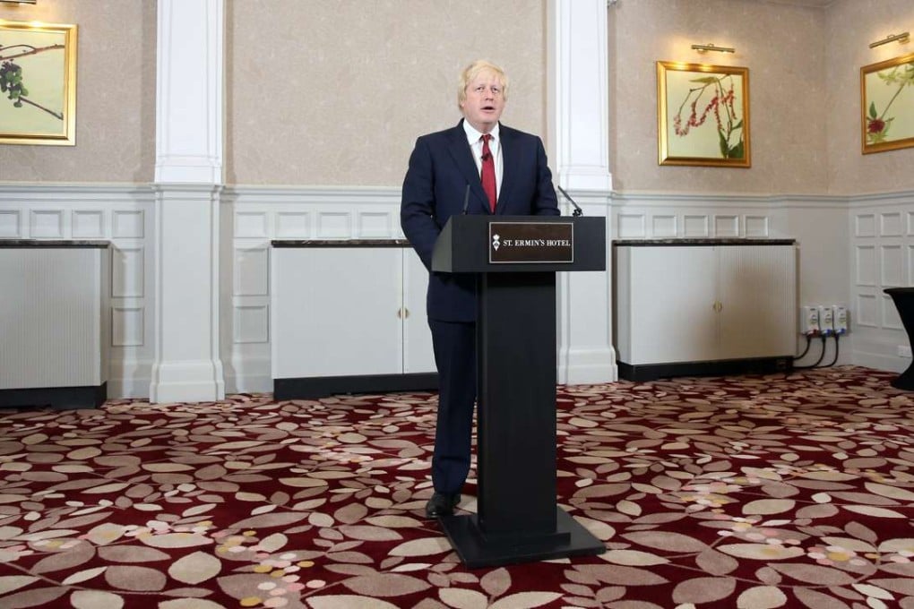 Boris Johnson announces his withdrawal from the race for the Conservative party leadership in London on Thursday. Photo: Bloomberg