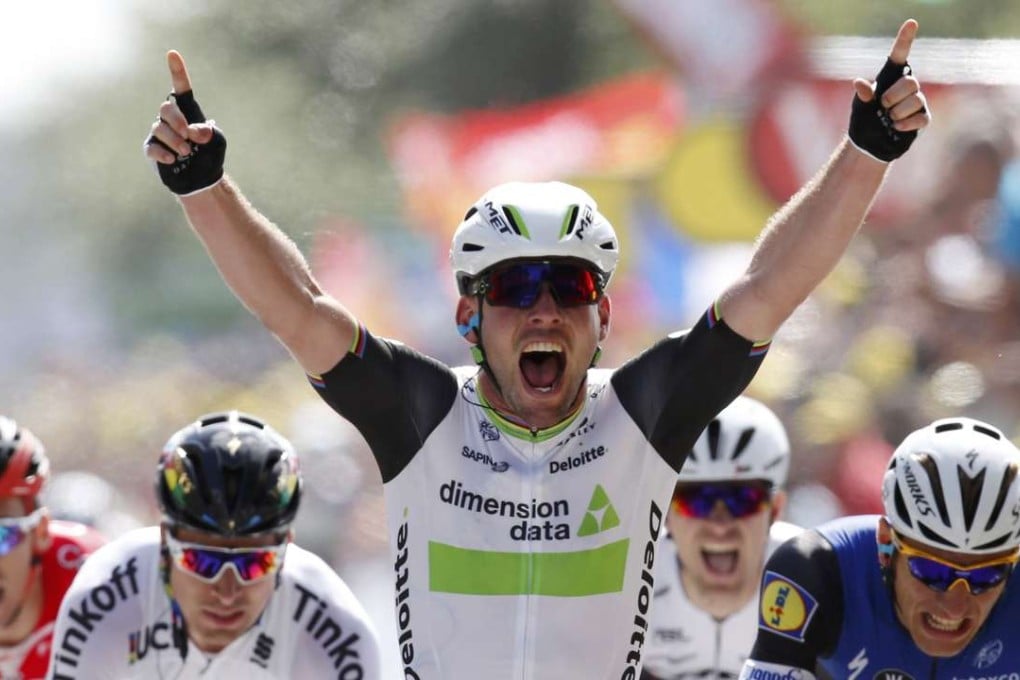 Team Dimension Data rider Mark Cavendish of Great Britian celebrates while crossing the finish line. Photo: Reuters