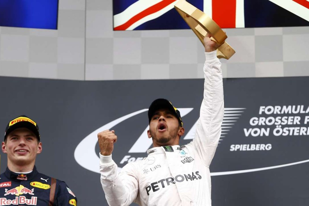 Lewis Hamilton celebrates his victory in the Austrian Grand Prix with second-placed Max Verstappen looking on. Photo: Reuters