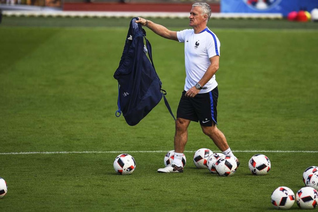 French national soccer team head coach Didier Deschamps leads his team's training session . EPA/GEORGI LICOVSKI
