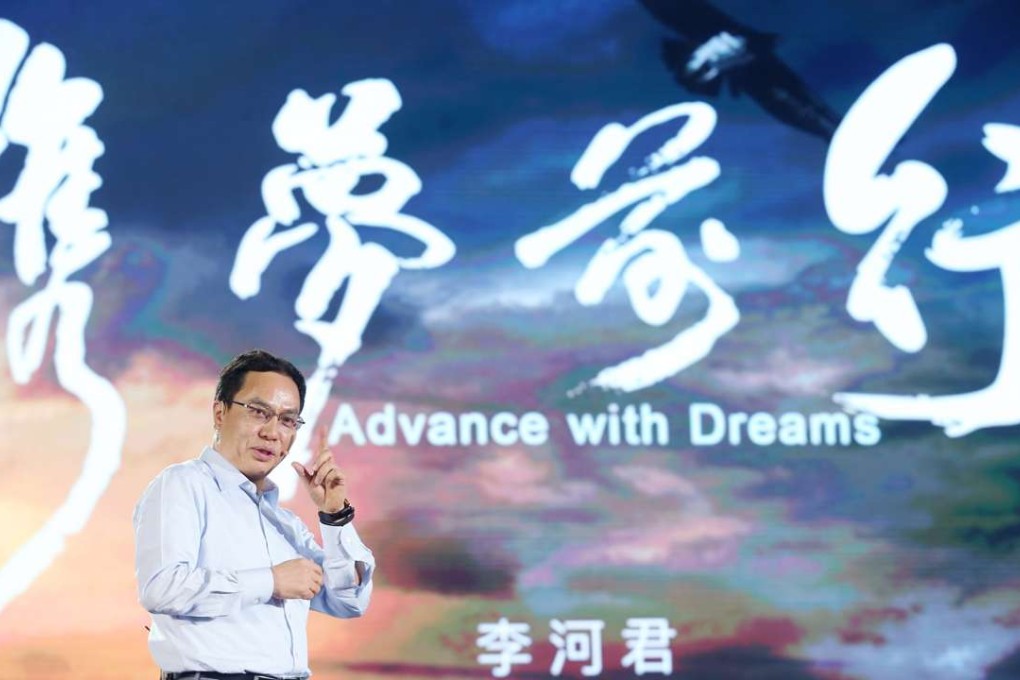 Hanergy Holding Chairman Li Hejun takes to the stage during a demonstration of the company's solar-powered prototype vehicles in Beijing. Photo: SCMP Handout