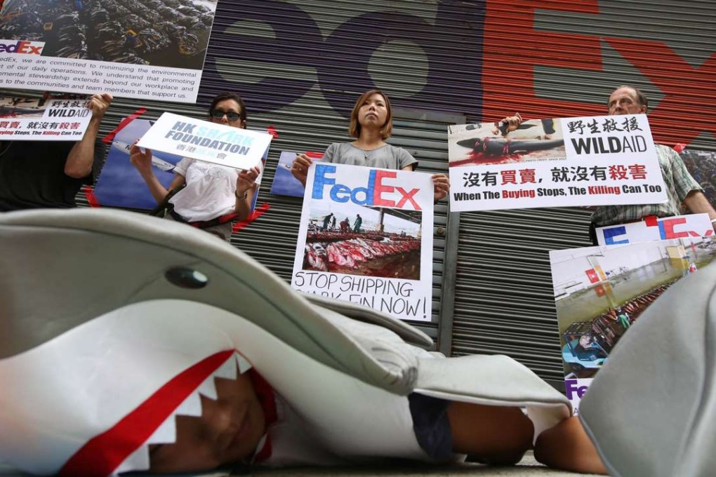 Shark fin activists protest at the FedEx depot in Kennedy Town. Photo: Nora Tam