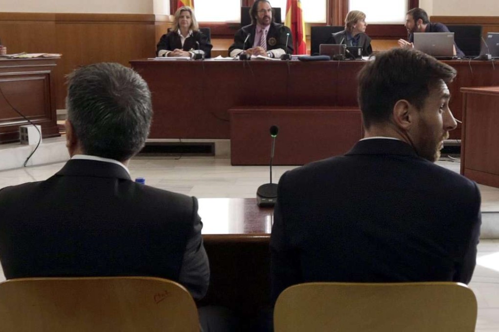 Lionel Messi and his father, Jorge Horacio Messi attend a session of their trial in Barcelona, Spain in June. Photo: EPA