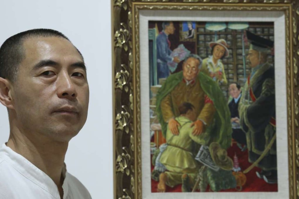 Liu Dahong with his painting “The Garden of Plenty”, which features Xi Jinping being embraced by an elderly Mao Zedong. Picture: Nora Tam