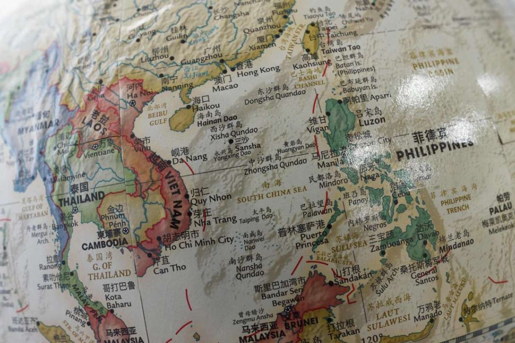 The South China Sea (centre) as portrayed on a globe for sale at a bookstore in Beijing. Photo: AFP