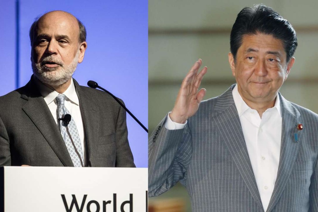 A Japanese government spokesman said former Fed Chairman Ben Bernanke and Prime Minister Shinzo Abe discussed what steps are necessary for Japan to end deflation and achieve sustainable economic growth. Photos: AFP/Kyodo