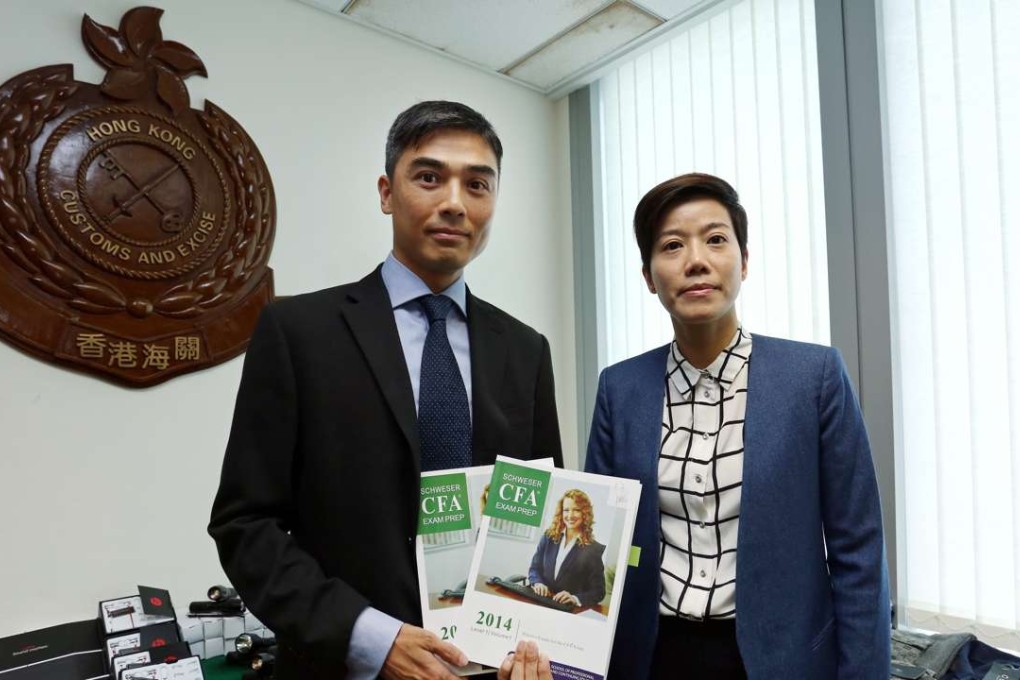 (From left) Hong Kong Customs Senior Inspector Corex Lie Yan-ning and Assistant Commissioner Louise Ho Pui-shan warn about the prevalence of fake goods sellers on online community marketplaces. Photo: Jonathan Wong