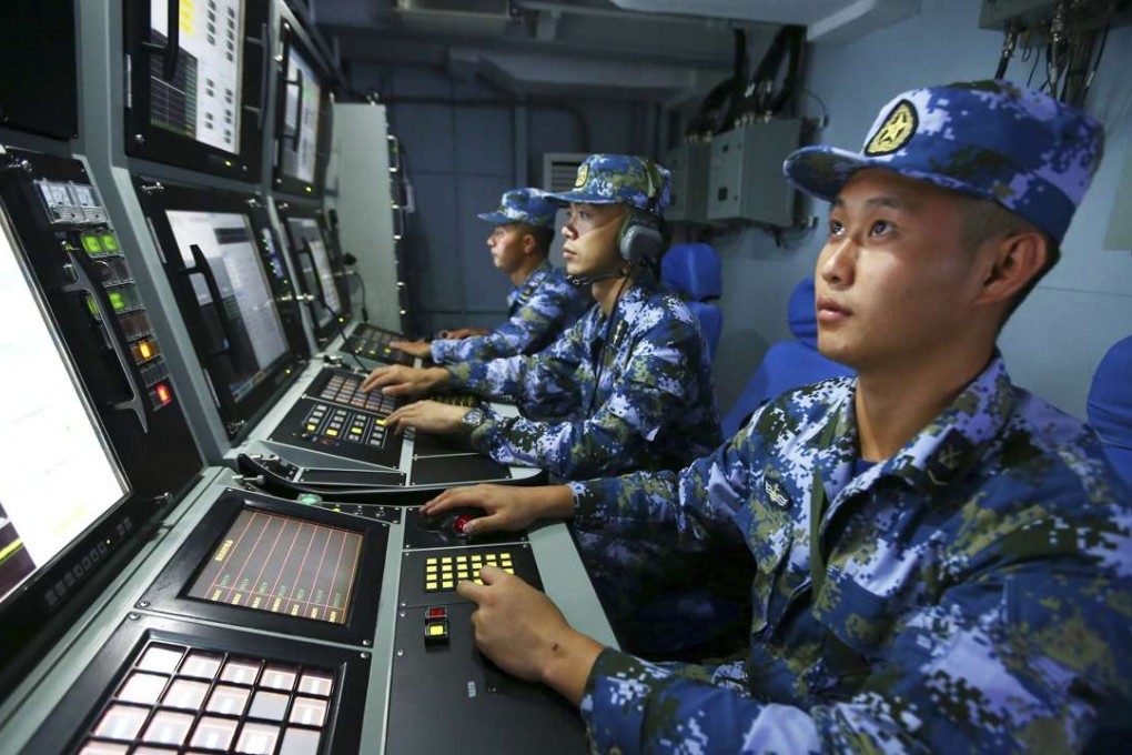 Chinese navy sailors search for targets on board the missile destroyer Hefei during a military exercise in the waters near Hainan Island and the Paracel Islands. Photo: AP