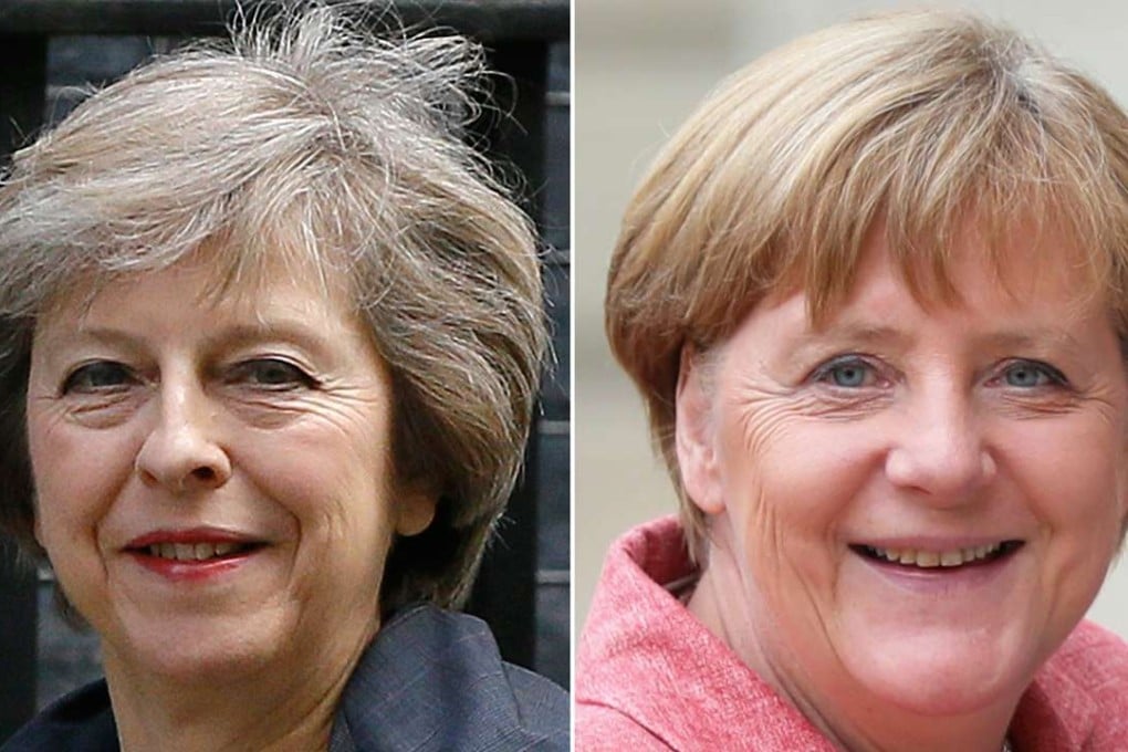 British Prime Minister Theresa May (left) and German Chancellor Angela Merkel. Both are daughters of small-town Protestant clergymen, display caution and have a pragmatic penchant for seizing the centre ground of politics. Photo: AP