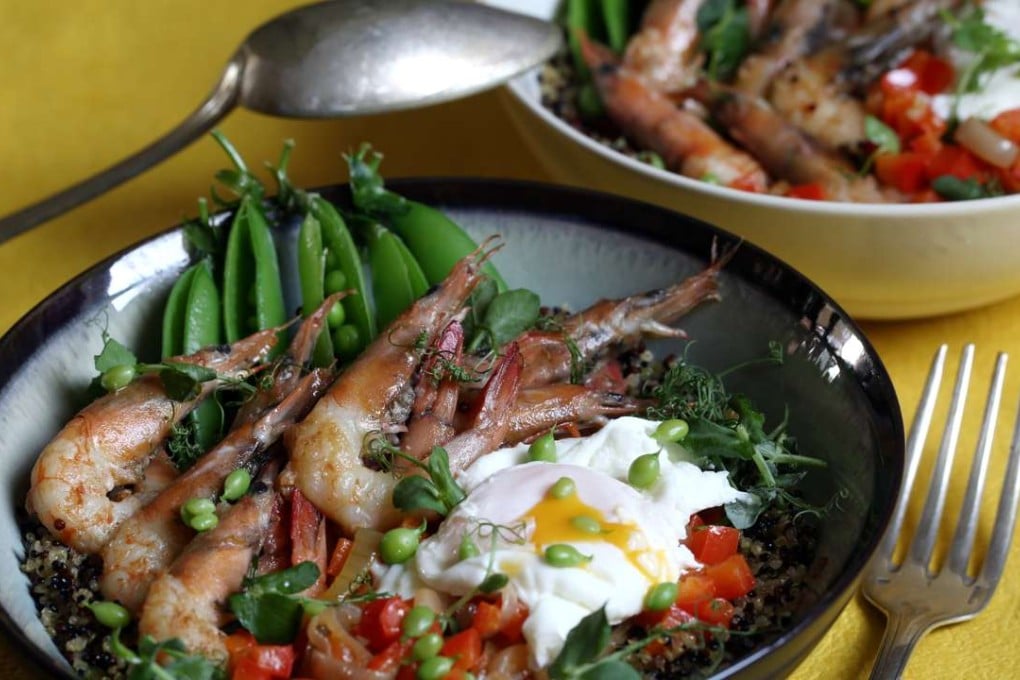Quinoa with grilled shrimps, anchovy butter and poached egg. Photography: Jonathan Wong