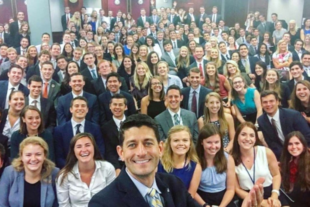 House Speaker Paul Ryan’s now-notorious Instagram selfie with a group of Capitol Hill interns. He captioned it: “I think this sets a record for the most number of #CapitolHill interns in a single selfie. #SpeakerSelfie”. But it was swiftly retagged “#GOPsoWhite”. Photo: Instagram