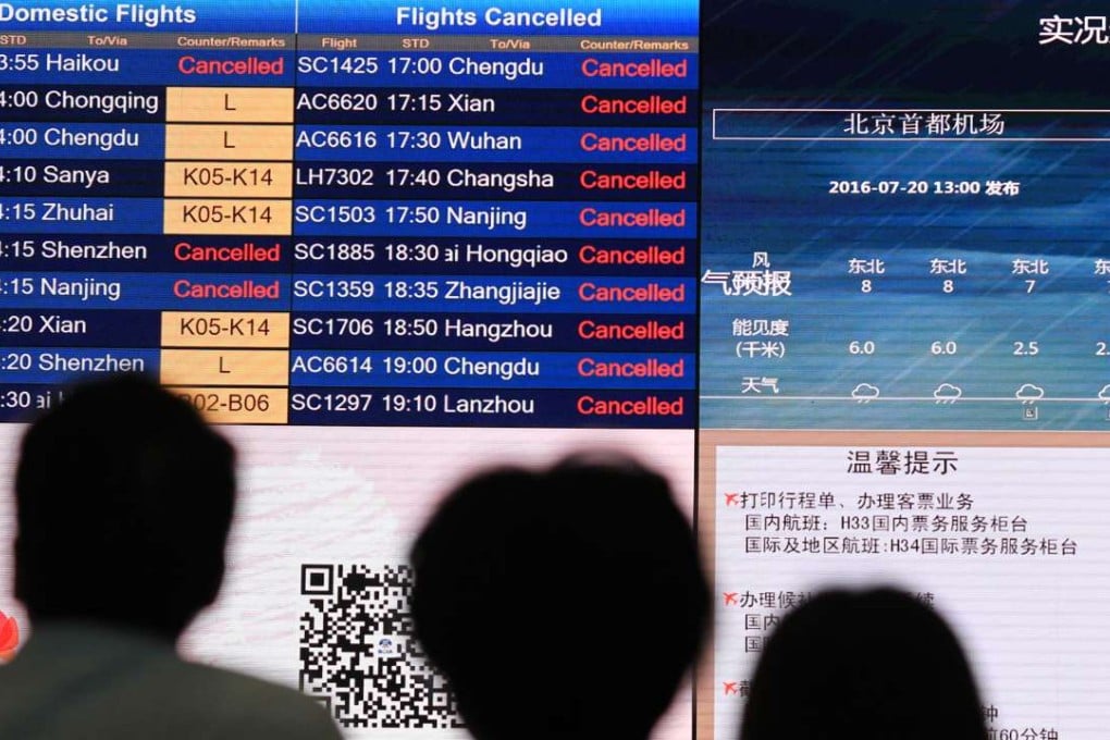 Flights cancelled due to heavy rainstorms in Beijing. Photo: Simon Song